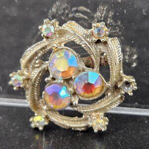 Starburst Lapel Pin Brooch White Iridescent Rhinestones Gold Tone Jewelry 1"